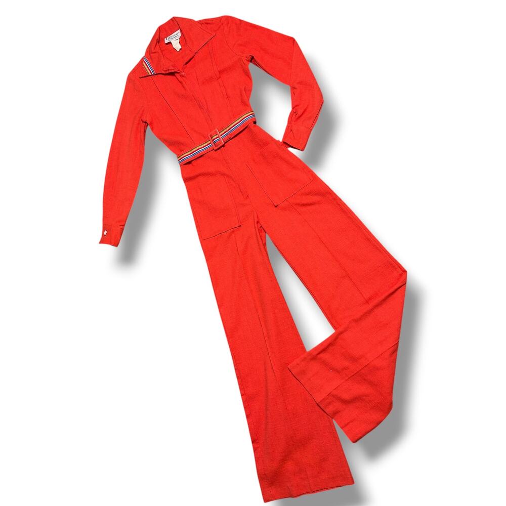 Vintage 60s 70s California Charmer Jumpsuit Red Rainbow Disco Bell Bottom Sz XS